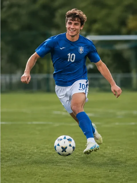 Same footballer sprinting with the ball