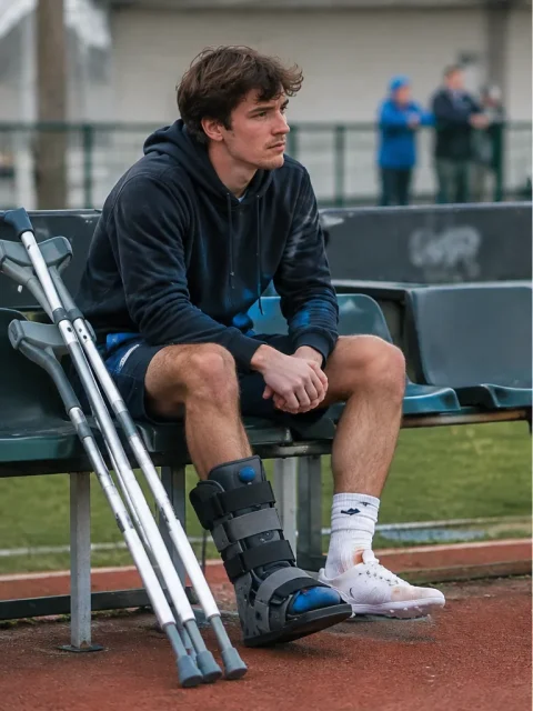 Young footballer on a bench with crutches and a walking boot
