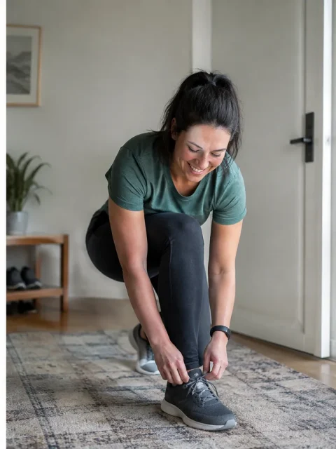 Same woman smiling as she ties her trainer