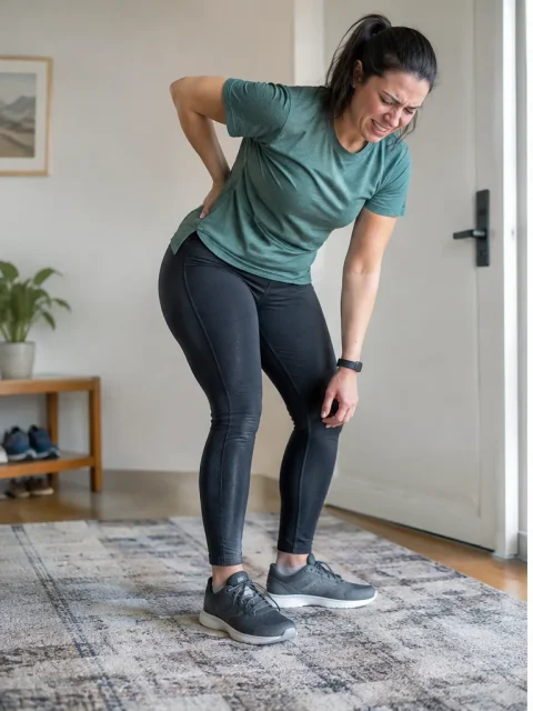 Woman bent over in pain holding her lower back