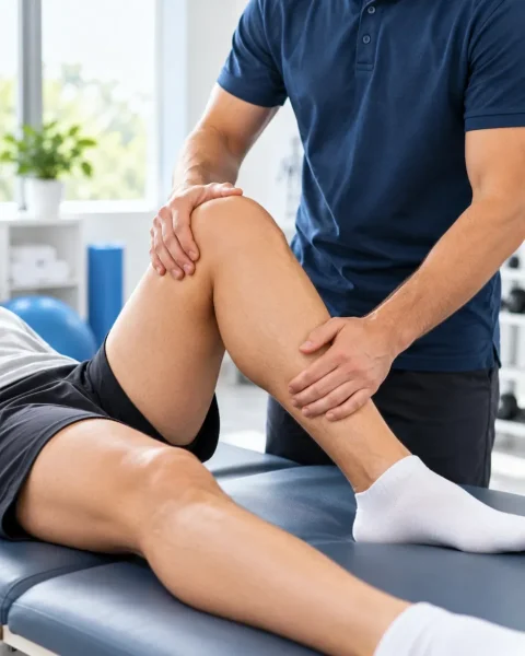 Physiotherapist examining a patient's knee on a treatment couch