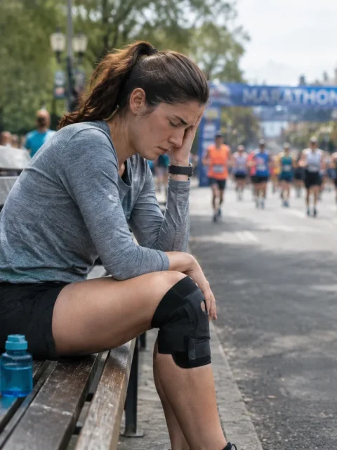 Runner on a bench with a knee brace, holding her head