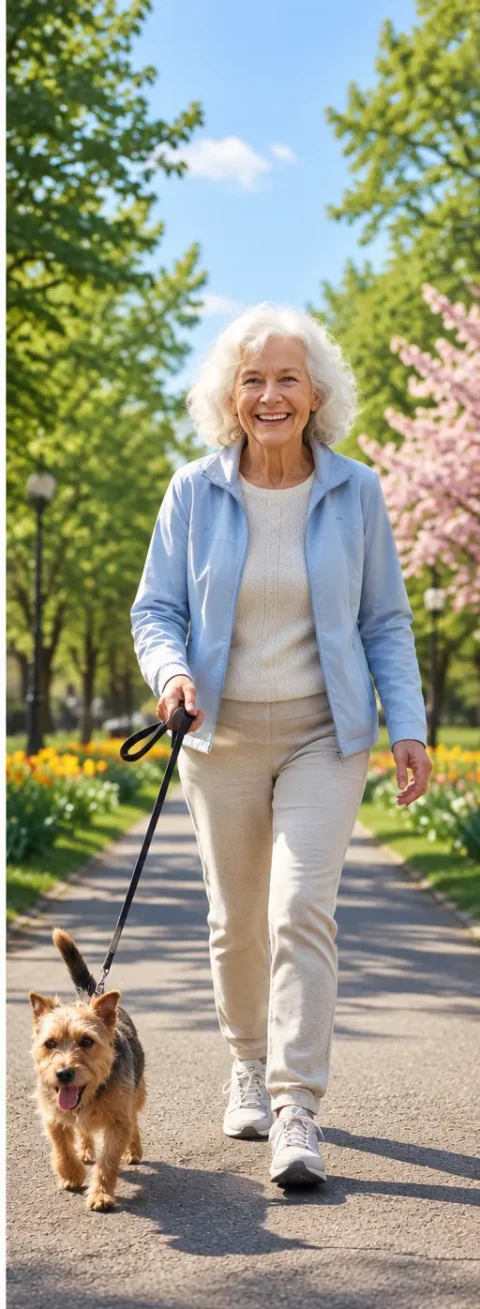 Same woman walking her dog freely in the park
