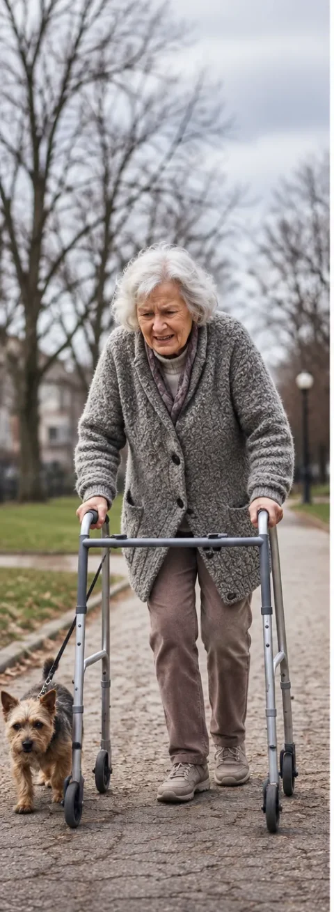 Older woman walking her dog with a walking frame