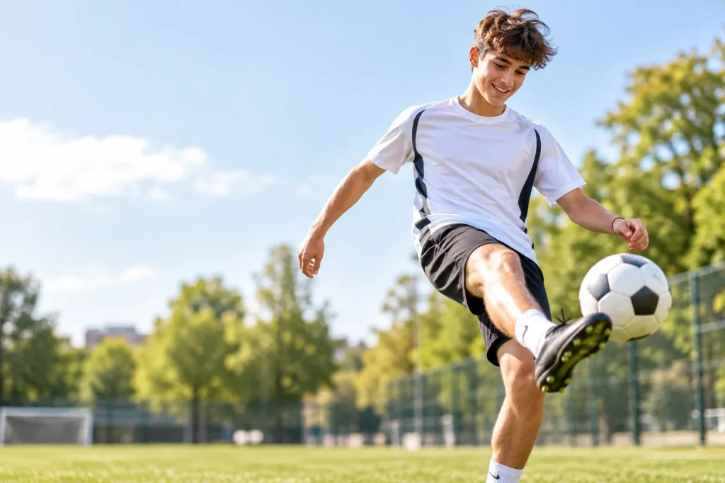 Teenage footballer taking a shot on the pitch, fully active and injury-free