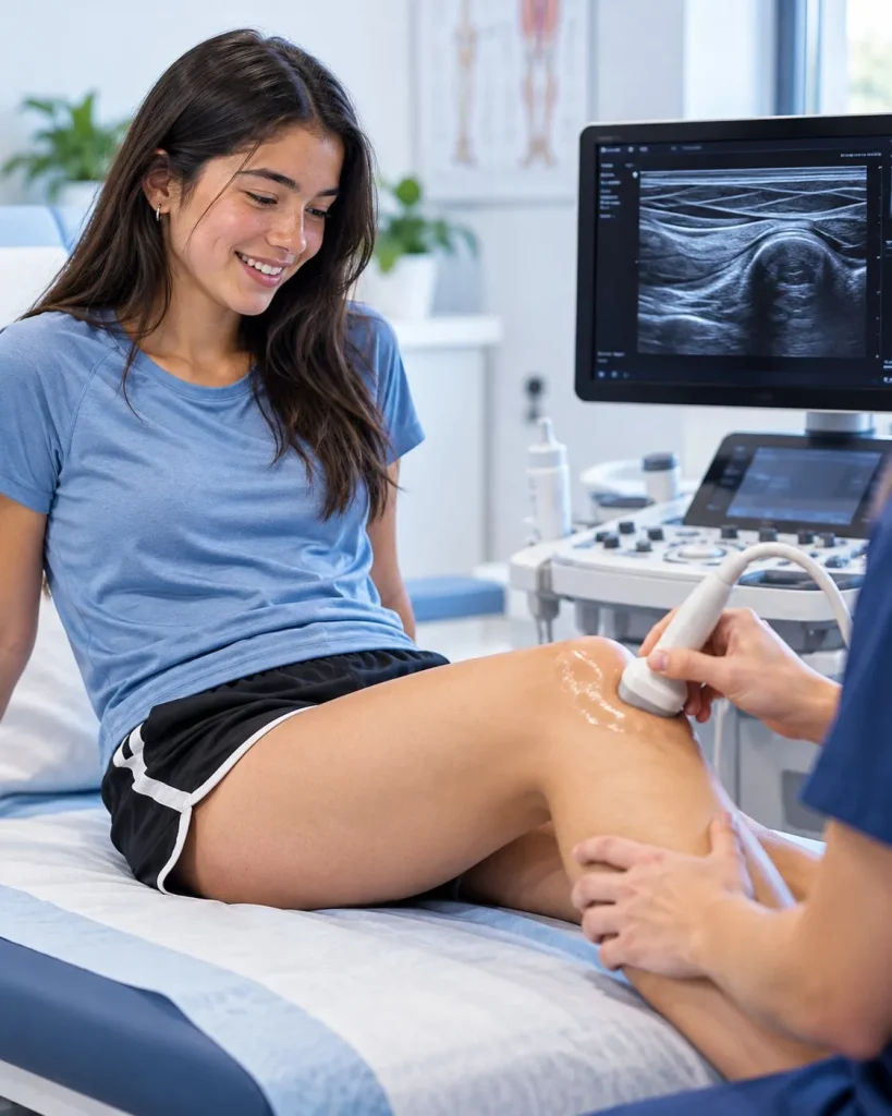 Smiling teenager having a point-of-care ultrasound scan on the knee, with the scan visible on screen