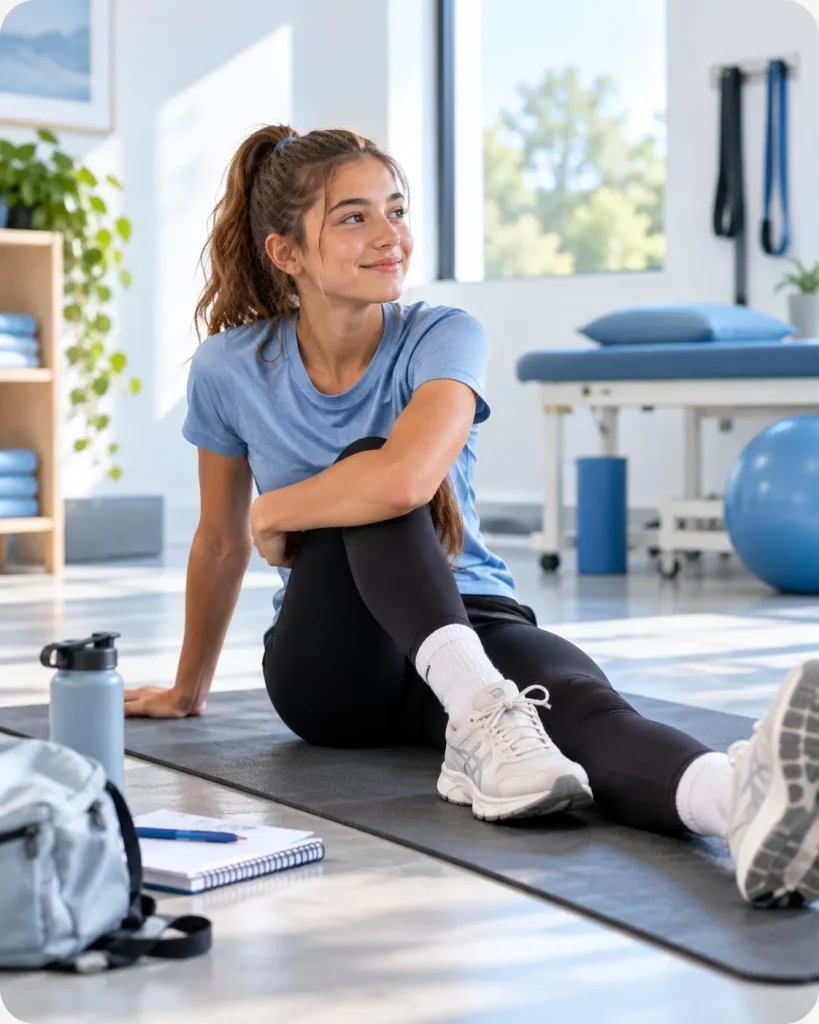 Smiling teenager stretching on an exercise mat in a bright physiotherapy clinic